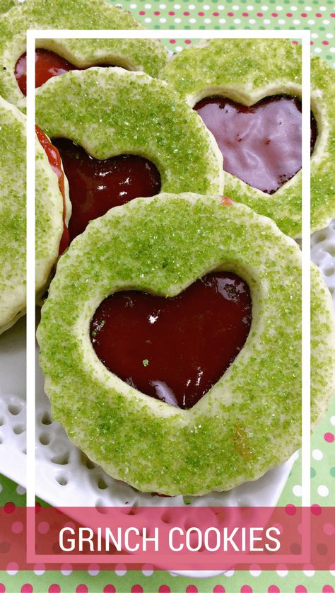 We love How The Grinch Stole Christmas! in our house. It's a favorite movie and book! You'll love these cute How the Grinch Stole Christmas Cookies, modeled after a traditional thumbprint style cookie. | Grinch recipes | grinch movies | grinch treats Grinch Sandwich, Grinch Desserts, Grinch Recipes, Grinch Treats, Grinch Night, Christmas Oreos, O Grinch, Grinch Cookies, Xmas Baking