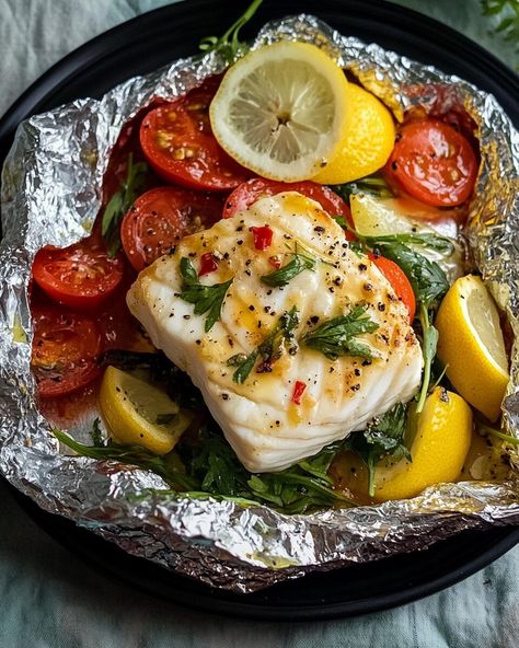 Grilled Halibut Foil Packs - knedir Recipes White Fish Foil Packets For The Oven, Halibut Recipes Grilled, Grilled Halibut Recipes, Fish On The Grill, Mexican Quesadilla, Quick Salmon, Honey Sriracha Chicken, Grilled Fish Recipes, Grilled Halibut