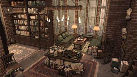 Henford Library & Eatery | Patreon Sims 4 Manor Interior, Bloxburg Bookstore Ideas, Bloxburg Town Library, Library Layout Plan, Library Bloxburg, Sims 4 Bookstore, Bloxburg Library Ideas, Sims 4 Bookshelf, Bloxburg University