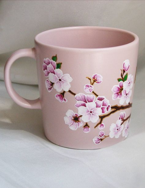 Cherry Blossom Ceramic Painting, Pottery Painting Coffee & Tea Cups, Creative Mug Designs, Mug Painting Designs, Mug Art Paint, Hand Painted Mugs Ideas, Cherry Blossom Mug, Mug Painting, Ceramic Cafe