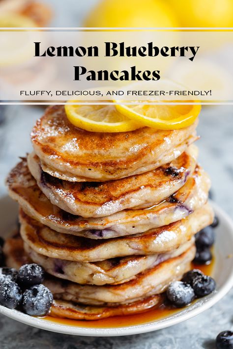 These Lemon Blueberry Pancakes are extra fluffy, light, and bursting with flavor. Blueberries and lemon go perfectly together and the combo truly shine in these pancakes! They're easy to make, perfect for brunch, breakfast, or even dessert, and they're freezer-friendly! Pancake Flavors, Protein Powder Pancakes, Lemon Blueberry Pancakes, Blueberry Buttermilk Pancakes, Lemon Pancakes, Spinach Pancakes, Pancake Party, Blueberry Pancake, Flavored Pancakes