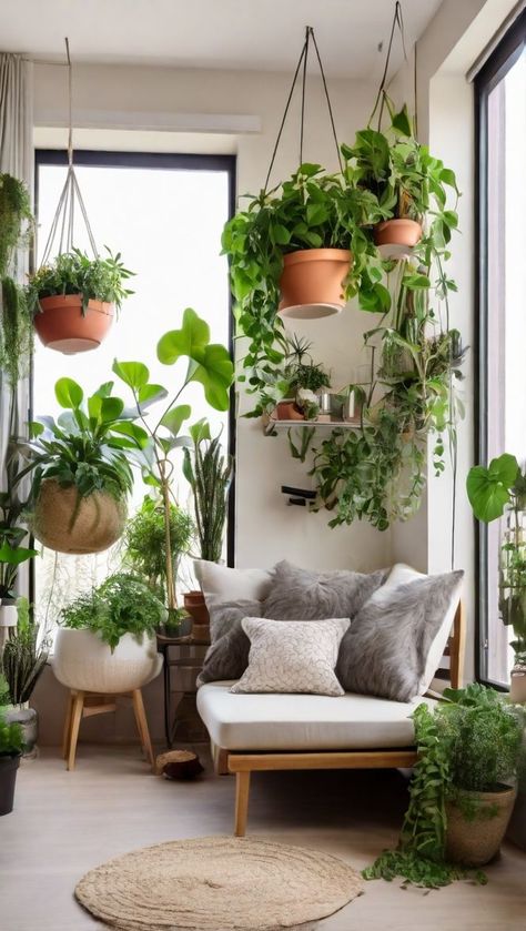 #ReadingNook #IndoorPlants #CozyCorners Green Reading Nook, Rustic Staircase, Leafy Plants, Corner Decor, Plant Decor Indoor, House Plants Decor, Room With Plants, Creative Home Decor, House Plants Indoor