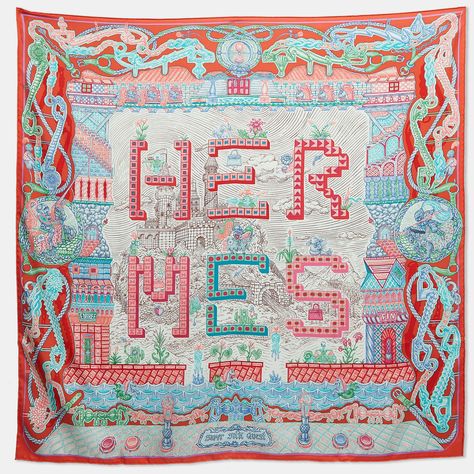 Hermes Multicolor Print Super Silk Quest scarf 90 Nyc Spring, Hermes Silk, Hermes Accessories, 2d Design, Orange Boxes, Scarf Silk, Hermes Scarf, Red Turquoise, Pink Turquoise