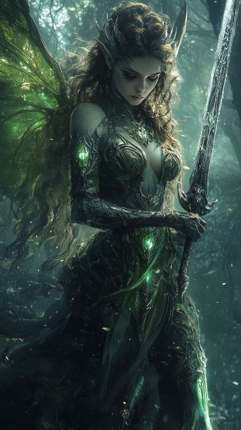 Magical Forest Creatures, Fairy Character Art, Fantasy Guardian, Elemental Fairy, Dnd Fairy, Warrior Fairy, Fairy Warrior, Green Armor, Goddess Of Nature