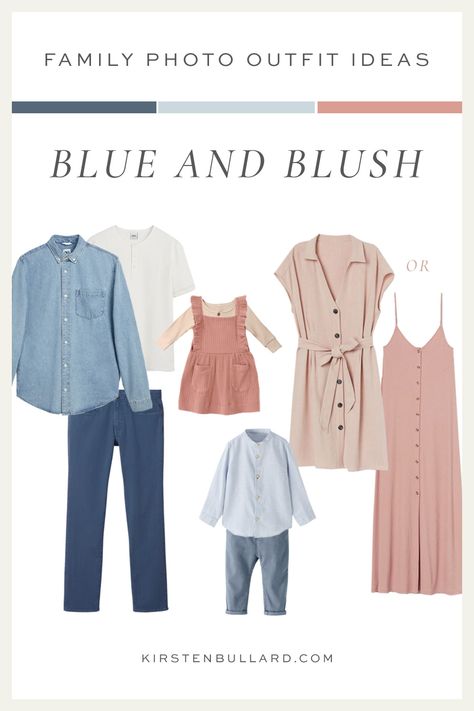 Family Photo Outfits with Blue and Blush Color Palette Blush And Blue Family Photo Outfits, Blush And Blue Family Pictures, Blush Family Photo Outfits, Spring Beach Family Photos, Dusty Rose And Blue Family Pictures, Spring Family Pictures Outfits 2023, Spring Outfits Family Pictures, Summer Photography Outfits, Pink Blue Family Photos