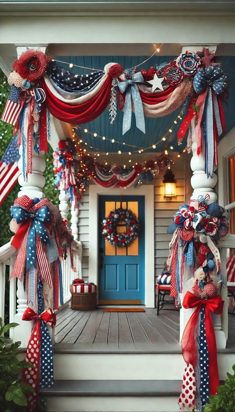 15 Stunning 4th of July Front Porch Decor Ideas You’ll Love 33 4th Of July Front Porch, 4th Of July Front Porch Decor, Vintage Americana Decor, Front Porch Decor Ideas, 4th Of July Parade, 4th July Crafts, Happy Birthday America, Independance Day, July Ideas