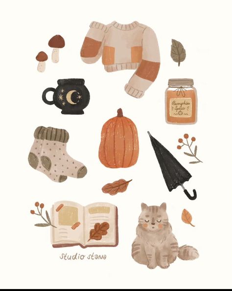 Fall Aesthetic Stickers, September Illustration, Fall Digital Stickers, Hygge Illustration, Autumn Essentials, Fall Drawings, Autumn Illustration, Stickers Kawaii, Autumn Stickers