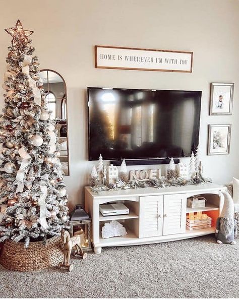 20 Christmas TV Stand Styling Ideas » Lady Decluttered Christmas Decoration Tv Stand, Christmas Tv Stand Decor Ideas, Tv Cabinet Christmas Decorations, Above Tv Christmas Decor, Christmas Under Tv Decor, Christmas Garland Tv Stand, Christmas Decor Tv Console, Christmas Decor Ideas For Tv Stand, Christmas Decor Ideas Tv Stand