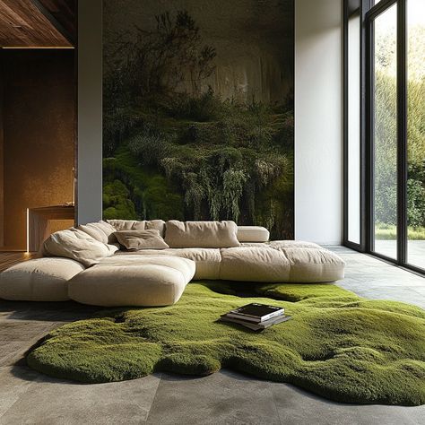 Moss Floor Indoor, Grass Rug Living Room, Moss Couch, Moss Green Aesthetic, Moss Living Room, Forest Home Aesthetic, Shaggy Rug Living Room, Forest Rug, Forest Living Room