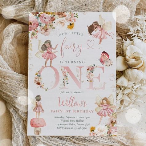 Whimsical Magical Floral Fairy 1st Birthday Party #PirateParty #CharacterThemes Fairy 1st Birthday Party, Fairy 1st Birthday, Fairy Birthday Themes, Fairy Garden Birthday, Fairy Invitations, Fairy Garden Birthday Party, Floral Birthday Invitations, Fairy Garden Party, Floral Fairy