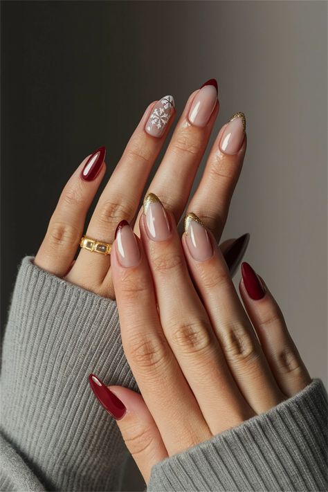 Embrace the holiday spirit with these chic simple nail ideas that perfectly blend elegance and festivity. The classic red and white color palette, adorned with delicate snowflakes and subtle glitter, captures the essence of Christmas while keeping your nails effortlessly stylish. Elevate your look this season with a design that's both fun and sophisticated. Unleash your creativity and get ready to shine at every Christmas gathering! Red And White Snowflake Nails, Classy Red Christmas Nails, Subtle Red Nails, Christmas Classy Nails, Christmas Minimalist Nails, Red Festive Nails, Christmas Nails Minimalist, Classy Holiday Nails Christmas, Winter Christmas Nails Simple