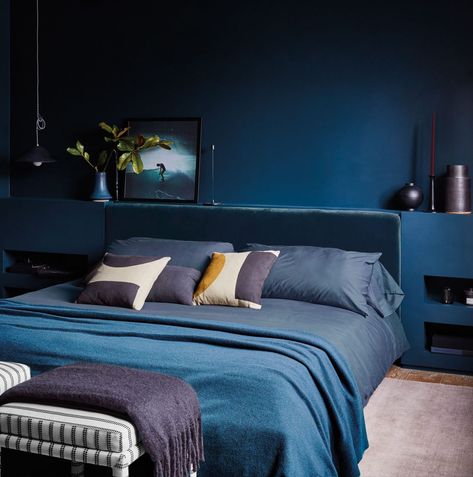 The 15 Best Bedroom Paint Colors That Aren't White - Emily Henderson Navy Blue Bedroom Decor, Monochromatic Bedroom, Best Bedroom Paint Colors, Navy Bedrooms, Dark Blue Bedrooms, Navy Blue Bedrooms, Teal Bedroom, Blue Bedroom Decor, Bedroom Images