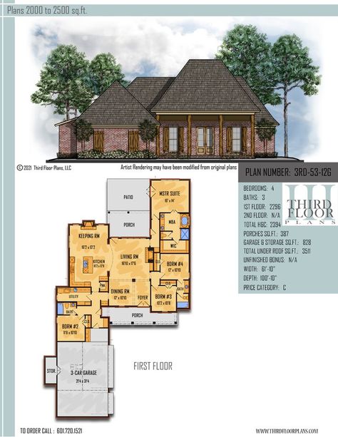 $700.00 House Plan 9 sets Keeping Room With Fireplace, Garage With Storage, Fireplace Patio, Large Porch, Room With Fireplace, Keeping Room, 3 Car Garage, House Floor, Three Floor