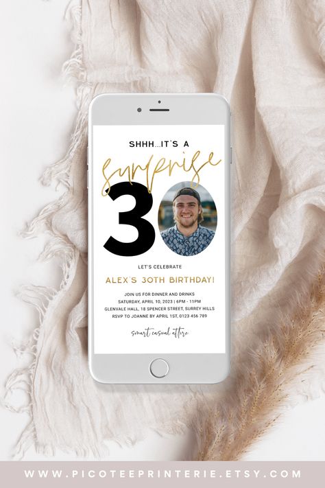 Shhh It's a Surprise! Looking for ideas to throw a surprise party for a milestone 30th birthday? Keep the secret safe with our customizable digital evite invitation. Featuring a sleek black and gold design and a photo of the birthday boy. Easily edit the template, download and send to your guests digitally. Whether you're planning a large gathering or an intimate affair, this surprise men's 30th Birthday Invitation evite will help you create a memorable celebration! 30th Birthday Men, Men's Birthday, Evite Invitations, Surprise Birthday Invitations, Surprise Birthday Party, 30th Birthday Invitations, Adult Birthday Invitations, Birthday Surprise Party, Surprise Party