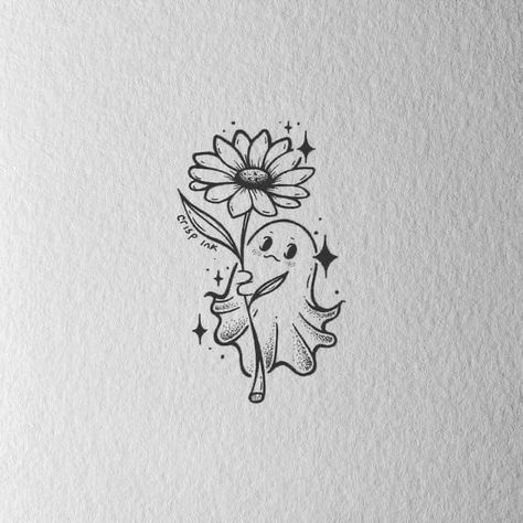 Spooky Best Friend Tattoos Ghost, Tiny Tattoos Ghost, Ghost Holding Sunflower Tattoo, Ghost Tattoos Aesthetic, Cute Tiny Halloween Tattoos, Fall Ghost Tattoo, Ghost With Sunflower Tattoo, Cottagecore Ghost Tattoo, Nature Friend Tattoos