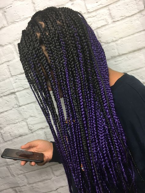 Purple And Black Hair Braids, Purple Black Braids, Dark Purple Box Braids, Purple And Black Box Braids, Purple And Black Braids, Purple Extensions, Purple Box Braids, Black Box Braids, Purple Braids