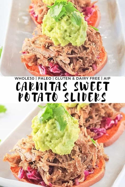 Carnitas Sweet Potato Sliders - The perfect healthy grain free open-faced slider stacked high with crunchy lime cabbage, juicy whole30 pulled pork carnitas, creamy guacamole and fresh cilantro! #finishedwithsalt #sliders #whole30 #pulledpork #instantpot #healthy #paleo | finishedwithsalt.com Aip Recipes Dinner, Aip Dinner Recipes, Potato Sliders, Sweet Potato Sliders, Instant Pot Carnitas, Aip Dinner, Creamy Guacamole, Sweet Potato Buns, Autoimmune Diet