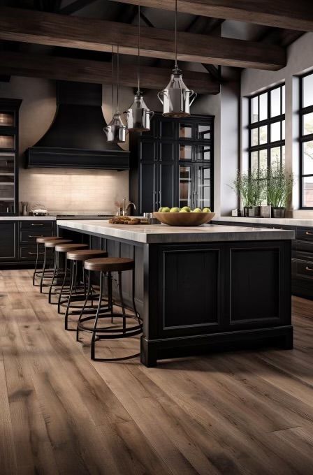 Big Dark Kitchen, Huge Kitchen Luxury, Big Kitchen Luxury Black, Black Kitchen Design, Black Farmhouse, Beautiful Backsplash, Huge Kitchen, Kitchens Luxury, Kitchen Backsplash Designs