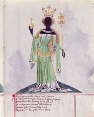 Black AND beautiful Anonymous (Bohemia), Queen of Sheba.Illustration in Bellifortis by Conrad of Kyeser; before 1405. The Queen Of Sheba, Queen Of Sheba, Black Figure, Medieval Fashion, European Art, African History, Medieval Art, Illuminated Manuscript, Western Art