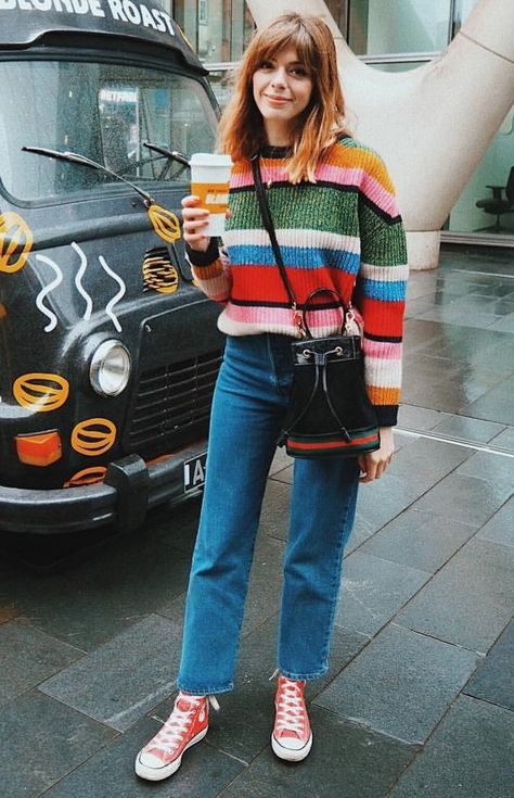 Bright Striped Sweater Outfit, Bold Fall Outfits, Casual Bright Outfits, Colorful Quirky Outfits, Bright Autumn Outfits, Creative Winter Outfits, Joyful Outfits, Colourful Winter Outfits, Colorful Sweater Outfit