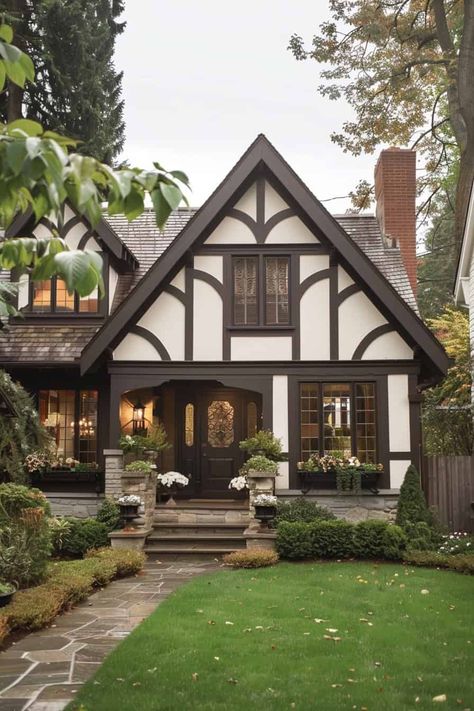 Tudor Style Home Exterior Makeover, Tudor Ranch House Exterior, One Story Tudor House, Portico Makeover, Small Tudor Style Homes, French Tudor Style Homes, Tudor Style Cottage, Sims4 Inspiration, Cobb Houses