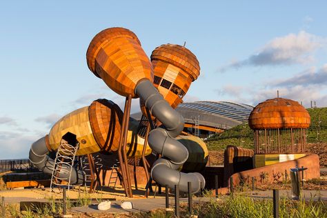 Taylor Cullity Lethlean wins Landscape of the Year Award for the second year in a row The Pod Playground consists of a toddler play area (Banksias), swing set area, older children area (Acorns) and net play to the left of the Acorns. The Acorn area consists of six Acorn cubby houses varying in height from 2.5 metres to 5 metres above ground. Photograph by Brett Boardman. Backyard Play Spaces, World Architecture Festival, Canberra Australia, Eco Architecture, Playground Design, Parc D'attraction, Architecture Awards, Backyard Play, Play Spaces