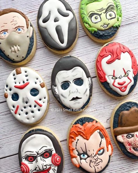 Horror Themed Cookies, Horror Movie Sugar Cookies, Disney Halloween Cookies Decorated, Halloween Horror Cookies, Michael Myers Cookies, Horror Movie Cookies Decorated, Ghost Face Cookies, Friday The 13th Cookies, Scary Halloween Cookies Decorated