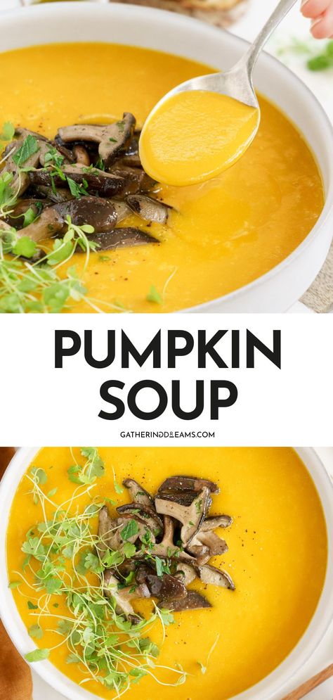 This delicious pumpkin soup with sautéed mushrooms is a plant-based wonder. It’s smooth, creamy, and incredibly moreish. You’ll get the comforting flavors of fall from the pumpkin and a kick of spice from the garlic and black pepper. Foolproof for beginners and ready in a flash, it’s a vibrant winter warmer that won’t disappoint. Pumpkin Mushroom Soup, Fall Dinner Ideas Healthy, Creamy Pumpkin Soup Recipe, Pumpkin Soup Recipe Easy, Comforting Recipes, Mushroom Pumpkin, Best Fall Desserts, Pumpkin Soup Easy, Pumpkin Mushroom