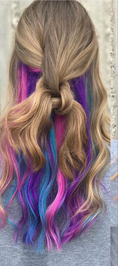 Purple pink and blue peekaboo hair! Hidden Peacock Hair Color, Hair Color On Ends Of Hair, Pink And Teal Peekaboo Hair, Peekaboo Rainbow Hair Blonde, Peekaboo Mermaid Hair, Hidden Mermaid Hair, Summer Peekaboo Hair, Purple Pink Underneath Hair, Blue And Pink Peekaboo Hair