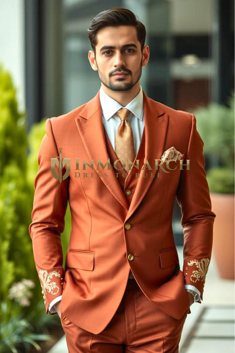 Shop Copper Mens Luxurious 3-Piece Suit - InMonarch Orange Suit, Orange Copper, Copper Wedding, Groom Tuxedo, Burnt Orange Color, Tuxedo Suit, Jacket Vest, 3 Piece Suits, Copper Color