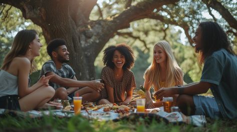 Joyful Outdoor Gathering: A group of friends enjoys a delightful picnic under the shade of a large tree. #friends #picnic #laughter #outdoors #nature #gathering #joy #diversity #aiart #aiphoto #stockcake https://ayr.app/l/ht3s People Gathering, Friend Gathering, Picnic With Friends Aesthetic, Picnic Images, Colorful Picnic, Genuine Smile, Friends Gathering, Family Picnic, Ancient Tree