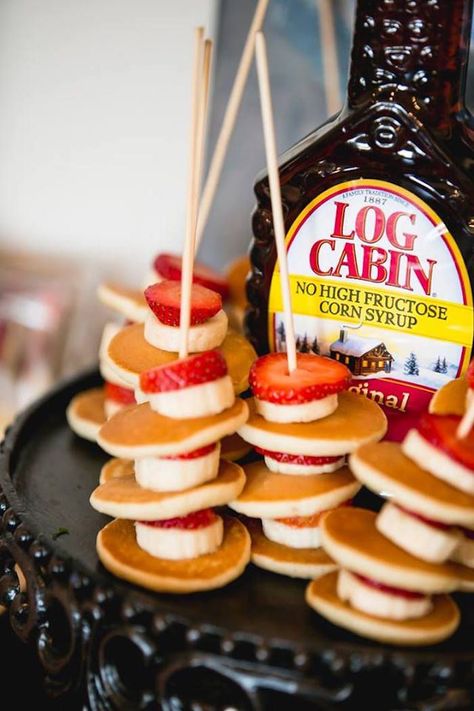 Log Cabin pancake kabobs from a Lumberjack Birthday Party on Kara's Party Ideas | KarasPartyIdeas.com (4) Cabin Birthday Party Ideas Adult, Cabin Birthday Party, Pancake Kabobs, Cabin Birthday, Pancake Banana, Cabin Party, Glamping Birthday, Lumberjack Birthday Party, Pancake Party