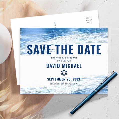 $2.05 | Bar Mitzvah Save Date Navy Typography Blue Foil #bar mitzvah, save the date, navy blue, foil, jewish boy, star of david, typography, celebration, bold modern simple elegant stylish, masculine Jewish Boy, Foil Save The Dates, Date Bars, Blue Foil, Shop Bar, Foil Invitations, Save The Date Postcards, Bar Mitzvah, Simple Elegant