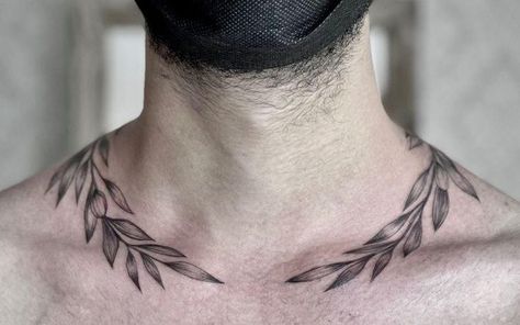 Greek Leaf Tattoo Neck, Neck Wreath Tattoo, Laurel Wreath Tattoo Men Chest, Laurel Neck Tattoo, Laurel Wreath Neck Tattoo, Wreath Tattoo Neck, Olive Branch Neck Tattoo, Greek Leaves Tattoo Neck, Wreath Neck Tattoo