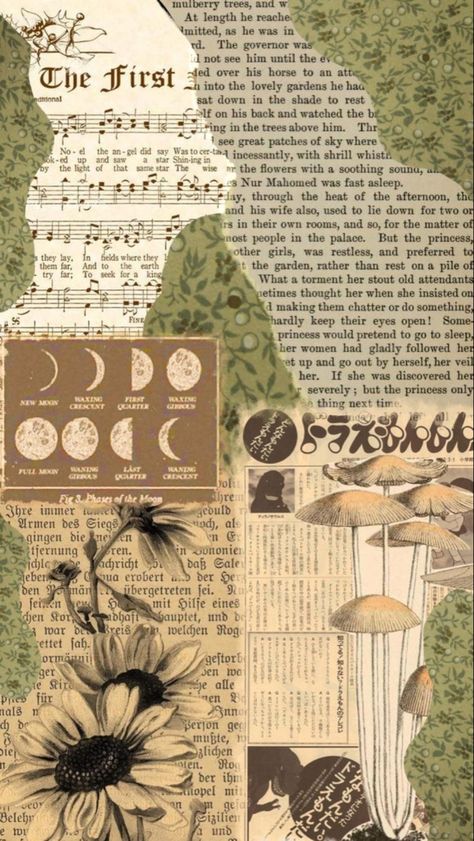 Wallpapers Vintage Homescreen, Vintage Cottagecore Prints, Gremlincore Background, Cottagecore Homescreen Wallpaper, Book Aesthetic Prints, Cottagecore Posters Aesthetic, Herbology Wallpaper Aesthetic, Cottage Core Aesthetic Collage, Mushroom Collage Wallpaper