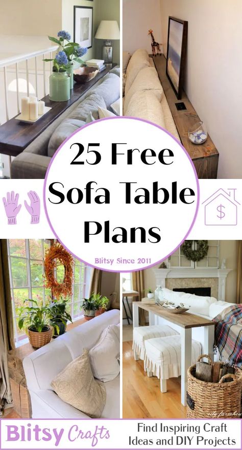 25 DIY Sofa Table Plans to Build your own Behind Couch Table Diy Behind Sofa Table, Tables Behind Sofas, Sofa Tables Against Wall, Style Sofa Table Against Wall, How To Make A Behind The Couch Table, Coach Table Behind The, How To Build A Sofa Table Behind Couch, Small Sofa Table Behind Couch, Narrow Table Behind Couch