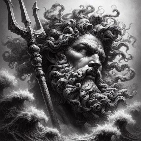 Greek God Poseidon Art, Poseidon Tattoo Design, Poseidon Drawing, Greece Tattoo, Angel Sculpture Art, Poseidon Statue, Zeus Statue, Greek God Tattoo, Greek Goddess Art