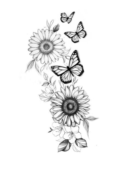 Arm Tattoos For Women Template, Butterflies And Sunflowers Tattoo, Flower Tattoos With Animals, Sunflower Tattoo On Ribs, Sunflower Tattoos Black And White, Thigh Tattoos Women Sunflower, Sunflower Tattoo Design For Women, Sunflower Name Tattoo, Sunflower And Daisy Tattoo