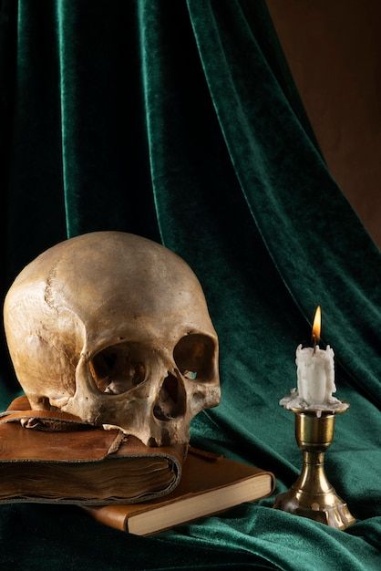 Free photo skull and candle arrangement ... | Free Photo #Freepik #freephoto #still-life #skeleton #skull #gothic Skull And Candle, Photography Sketchbook, Gothic Candles, Skull Reference, Still Life Pictures, Candle Arrangements, Halloween Photography, Skull Candle, Skeleton Skull