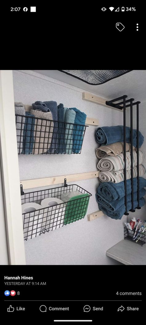 Camper Blanket Storage, Camper Diy Hacks, Camper Bedroom Organization, How To Decorate A Camper, Living In A Camper Full Time Hacks, Camper Shelving Ideas, Small Travel Trailer Organization, Camper Clothes Storage Ideas, Small Rv Storage Ideas