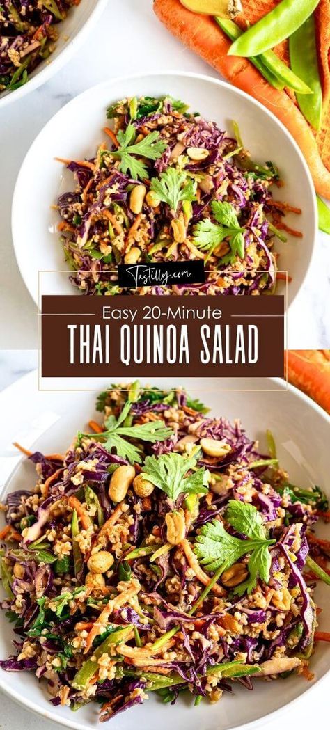 Easy 20-Minute Thai Quinoa Salad - Tastilly Thai Quinoa Salad Recipes, Thai Inspired Quinoa Salad, Thai Veggie Quinoa Bowl, Quinoa Bowl Recipes, Crunchy Cashew Thai Quinoa Salad, Thai Quinoa Salad, Asian Quinoa Salad, Healthy Quinoa Salad, Mediterranean Salads