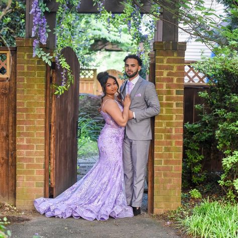 Lavender Prom Dresses Couple, Black And Lavender Prom, Lavender Prom Couple Ideas, Light Purple Homecoming Couple, Lavender Prom, Light Purple Prom Couple, Lavender Prom Couple, Prom Couple Ideas, Bollywood Style Floor-length Lavender Dress