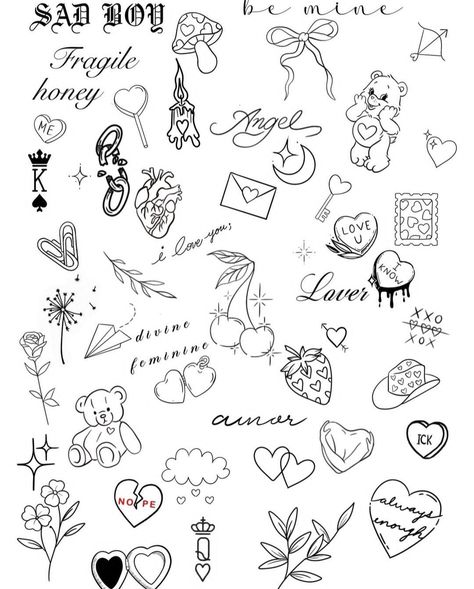 Baddie Simple Tattoos, Fun Flash Tattoo Ideas, Sticker Flash Tattoo, Rave Tattoo Ideas Edm, Fineline Tattoo Flash, Girly Flash Tattoo Ideas, Girly Flash Tattoo, Flash Art Tattoos For Women, Simple Tattoo Flash Sheet