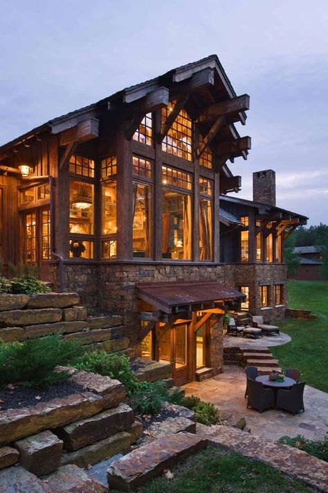 Striking rustic stone and timber dwelling in Ontario, Canada Walkout Basement Patio, Rustic Exterior, Large House, Rustic Stone, Log Cabin Homes, Luxury Homes Dream Houses, Mountain House, Dream House Exterior, House Goals