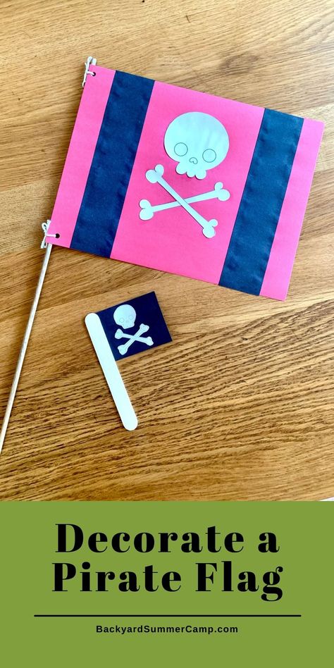 Decorate a pirate flag made from craft paper and add a classic skull and bones for an easy art activity to do during pirate week. Learn how and get a printable template at Backyard Summer Camp! Pirate Flag Craft, Pirate Art Projects, Pirate Crafts Preschool, Dinosaur Books For Kids, Pirate Week, Pirate Activities, Pirate Crafts, Backyard Summer, Flag Crafts