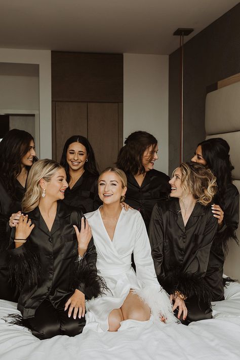 Bridal Party Editorial, Black Bridesmaids Robes, Black Getting Ready Outfits Wedding, Black Bridesmaid Getting Ready Outfit, Bridal Party Morning Of Wedding Outfits, Bridesmaid Morning Outfit, Bridesmaid Photoshoot Before Wedding, Getting Ready Wedding Photos Bridesmaids, Bridal Party Photos Getting Ready