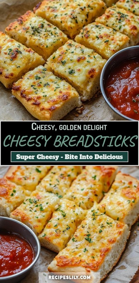 I can't get enough of these Cheesy Breadsticks! They come out perfectly golden and are loaded with gooey cheese. Paired with a side of marinara sauce for dipping, they're the ultimate snack or appetizer. You won't be able to stop at just one! Pizza Cheese Sticks, Cheesy Appetizers Easy, Cheesy Bread Recipes, Homemade Cheese Bread, Cheesy Foods, Cheesy Bread Recipe, Cheesy Appetizer, Cheesy Breadsticks, Cheese Bread Recipe