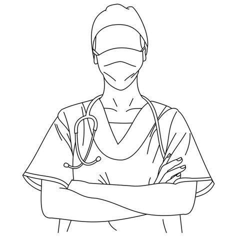 Illustration of line drawing a beautiful young surgeon or medical nurse posing wearing uniform scrubs with folded arms or crossed and a stethoscope. A portrait of a female doctor with a phonendoscope Doctor Stickers Medical, Male Nurse Drawing, How To Draw A Doctor, Doctor Sketch Medical, Medicine Tattoo Doctor, Hospital Sketch Drawings, Doctor Drawing Medical, Nurse Art Illustrations, Female Doctor Drawing