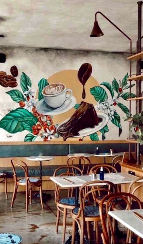 Coffee Shop Murals, Wall Painting Ideas Cafe, Coffee Mural Art, Cafe Mural Ideas, Cafe Wall Art Creative, Cafe Wall Art Murals, Coffee Graffiti, Restaurant Murals, Graffiti Cafe