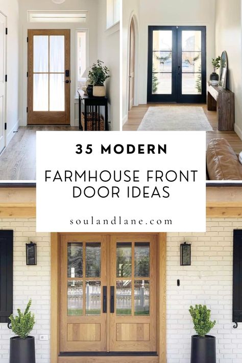 Step into the world of modern farmhouse style with front door ideas designed to make a statement. Envision a door that combines sleek, contemporary lines with the warm, inviting textures of farmhouse design. Think bold colors like deep navy or classic black, accented with hardware in matte black or brushed nickel. Surround your modern entrance with minimalist lighting fixtures and simple greenery for an entrance that's both welcoming and strikingly stylish. Farm Front Door Ideas, 8ft Front Door Ideas, Interior Farmhouse Doors Styles, Front Door Hardware Ideas Farmhouse, Modern Farmhouse Entry Door, Entry Doors Farmhouse, Modern Front Door Ideas Entrance, Modern Farmhouse Interior Door, Farmhouse Entry Door